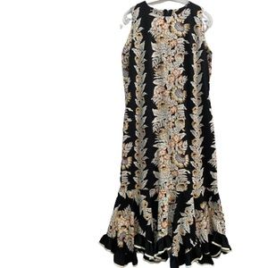 Carol Bennett Hawaiian Maxi Dress Black with Floral Panels Ruffled Hem Pockets